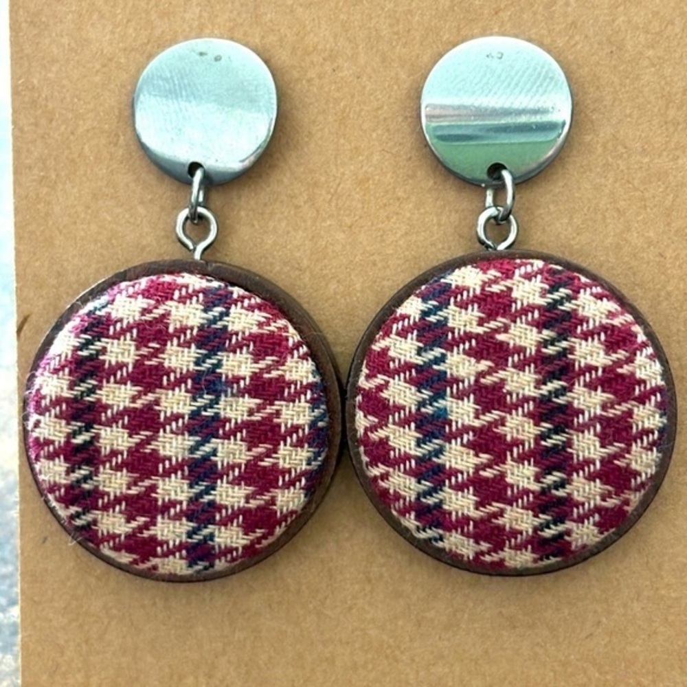 Handmade Chunky Retro Houndstooth Print Fabric Button Wood Earrings, 25mm, NWT